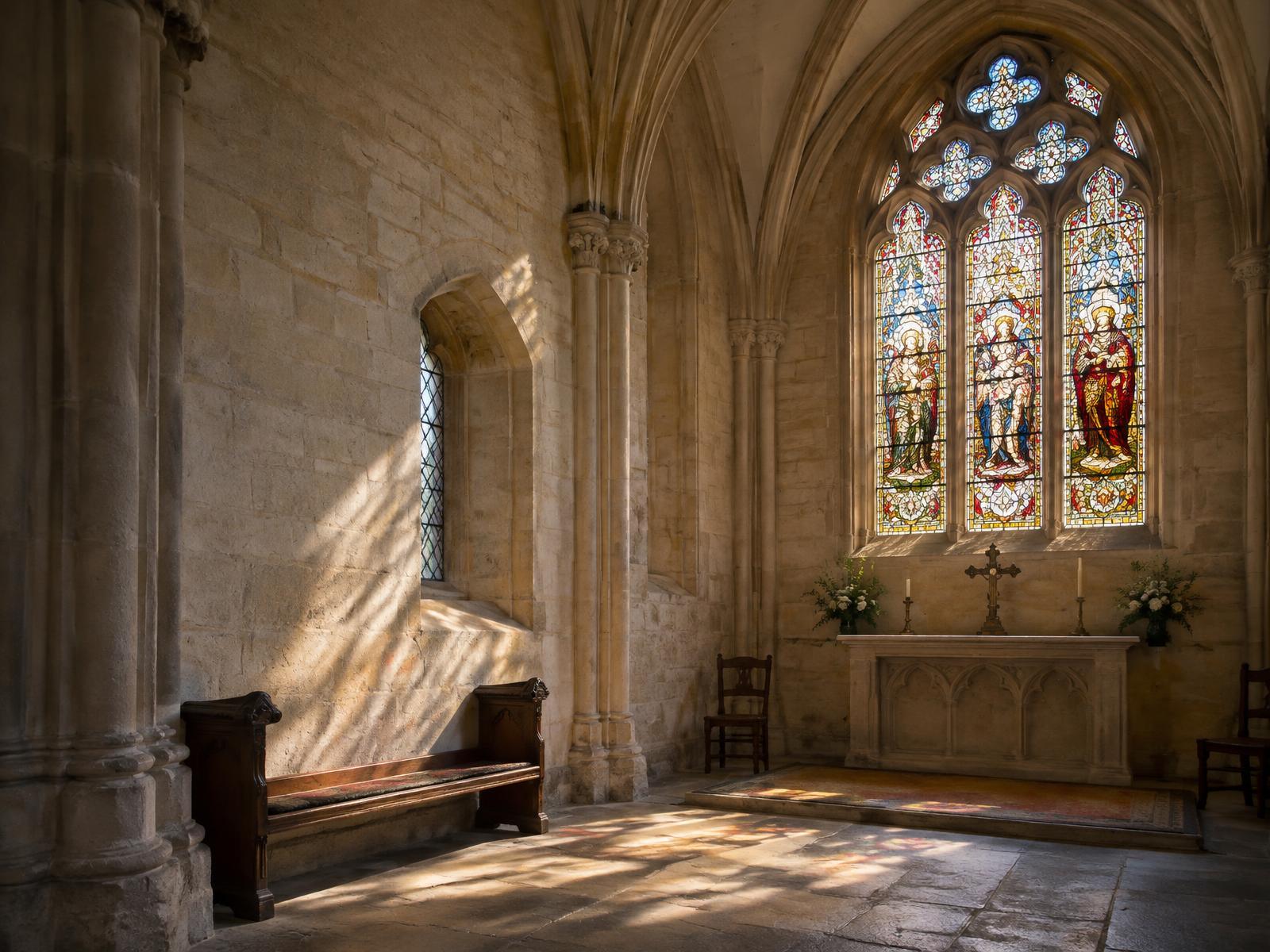 Sunlit stone side chapel with stained glass