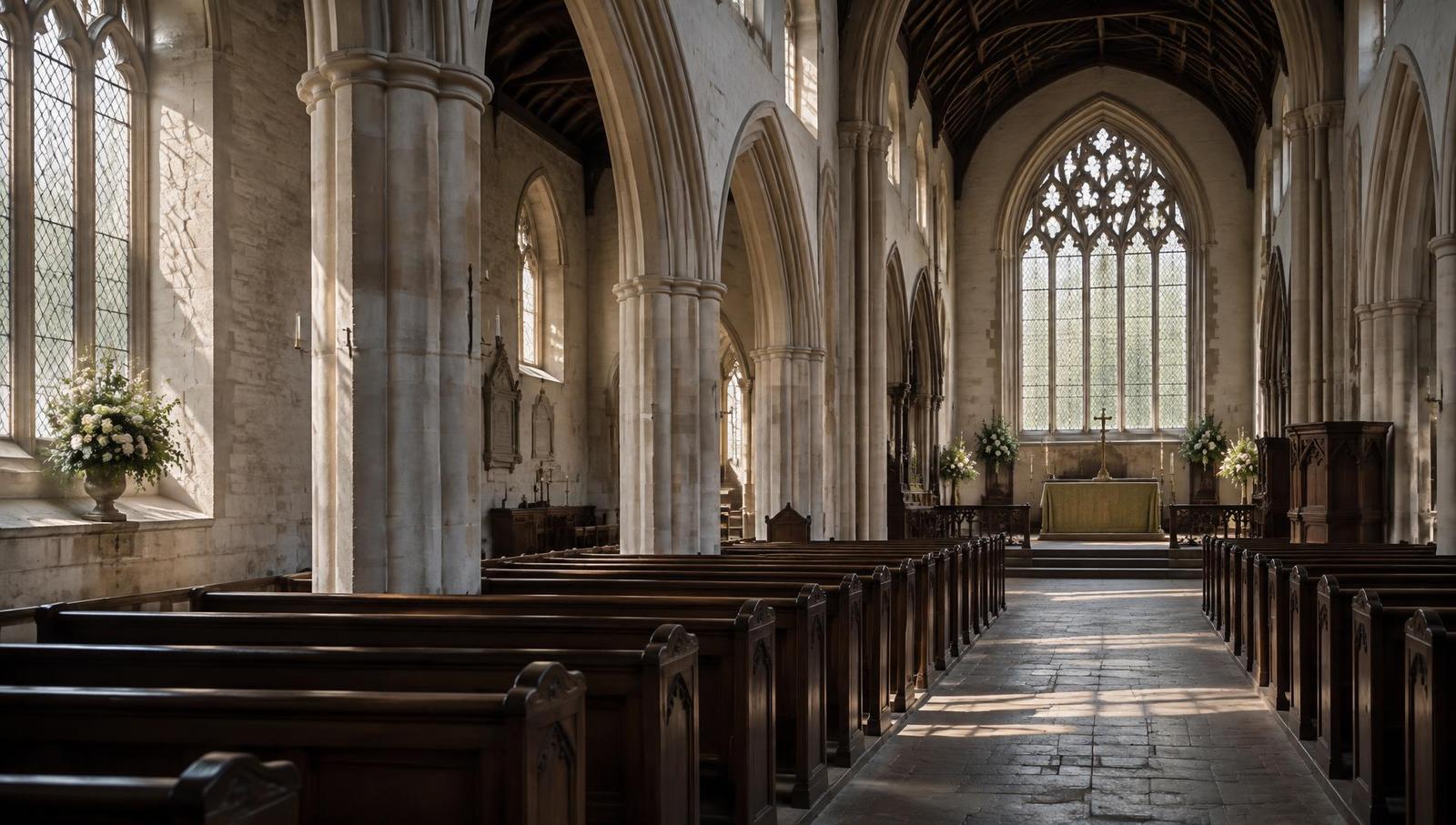 Sunlit nave of a stone parish church with wooden pews