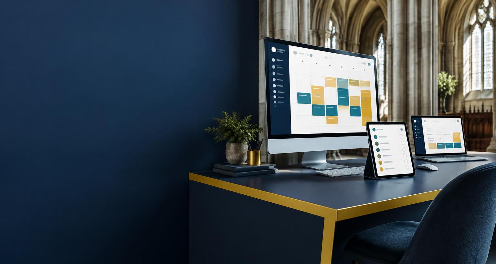 Church calendars and task screens on a desktop, tablet and laptop beside Gothic windows