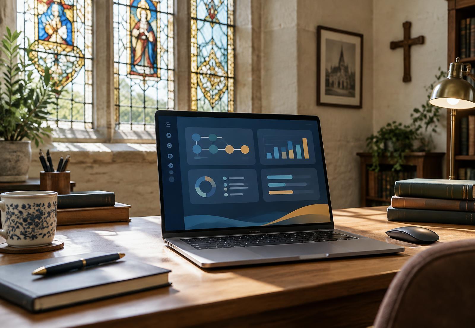 A church office desk with a laptop showing planning dashboards beneath stained glass