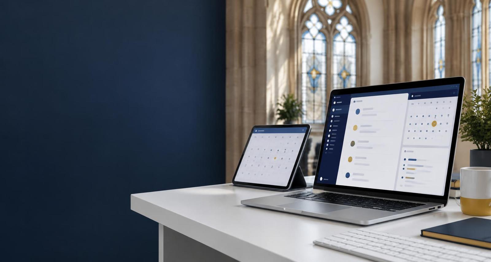 Laptop and tablet with church planning screens on a desk beside Gothic windows