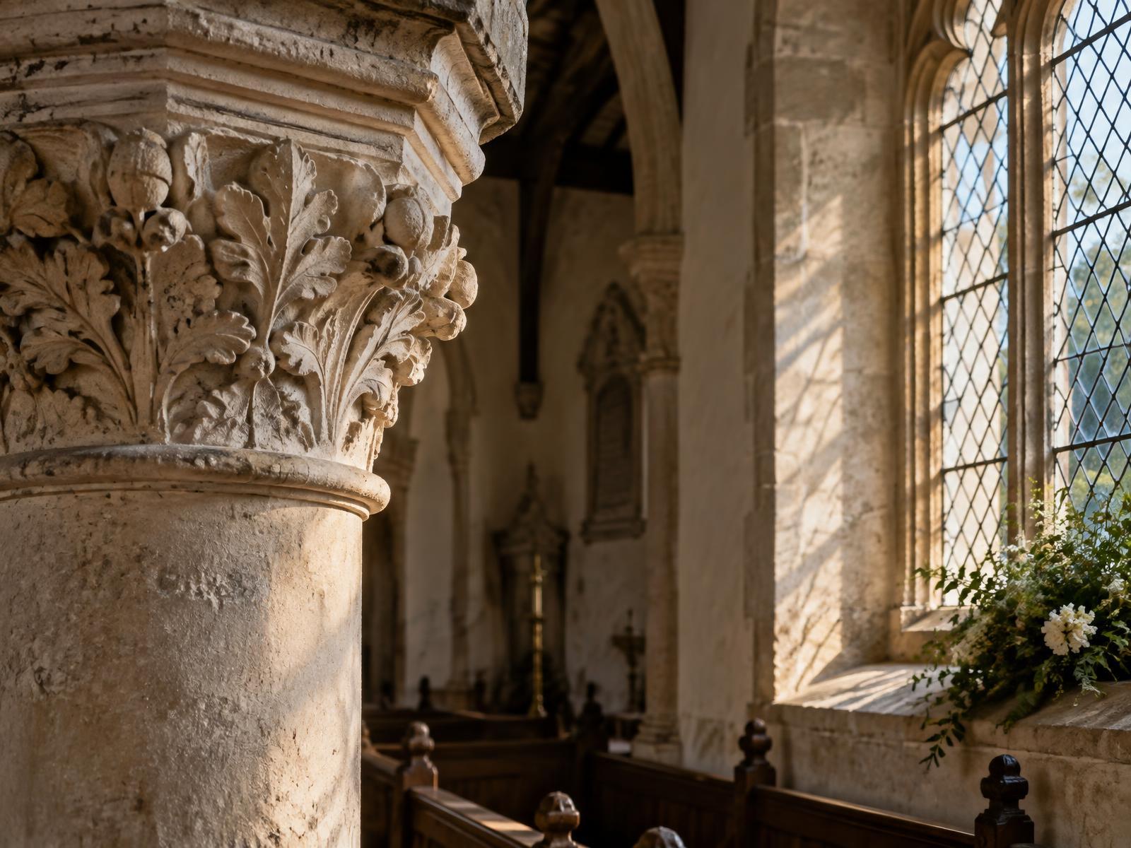Carved stone pillar and leaded window in a parish church